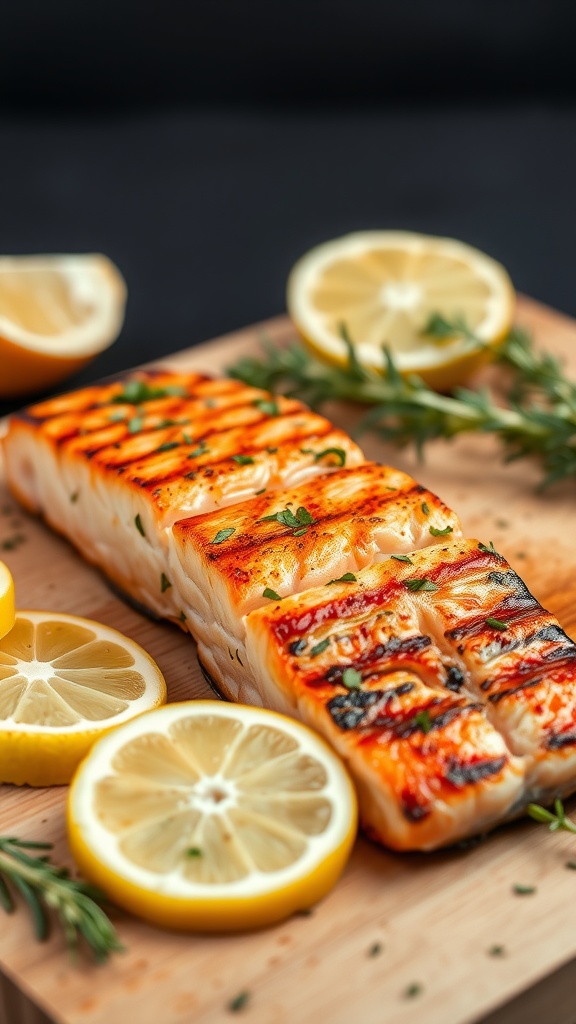 Grilled salmon fillets with lemon slices and herbs on a wooden cutting board