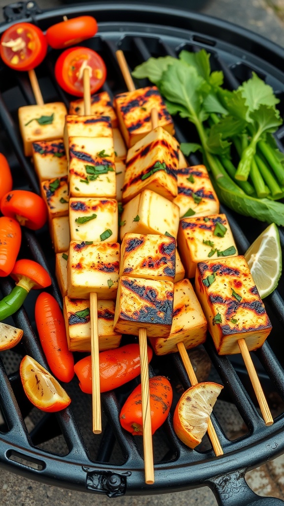 Grilled tofu skewers with lemon and herbs on a grill