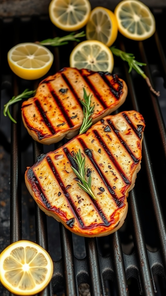 Grilled boneless pork chops with lemon slices and rosemary on a grill.