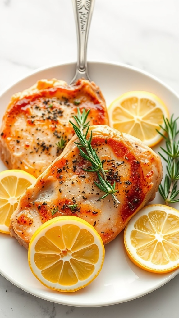 Lemon Rosemary Pork Chops served with lemon slices and rosemary sprigs