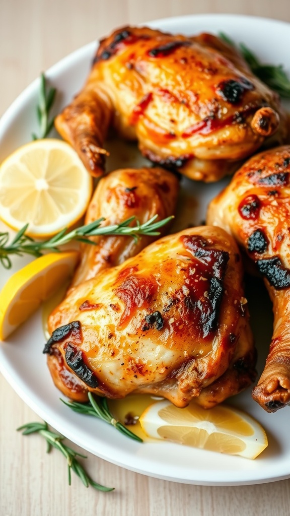 Delicious lemon rosemary roasted chicken thighs served with lemon slices and rosemary sprigs.
