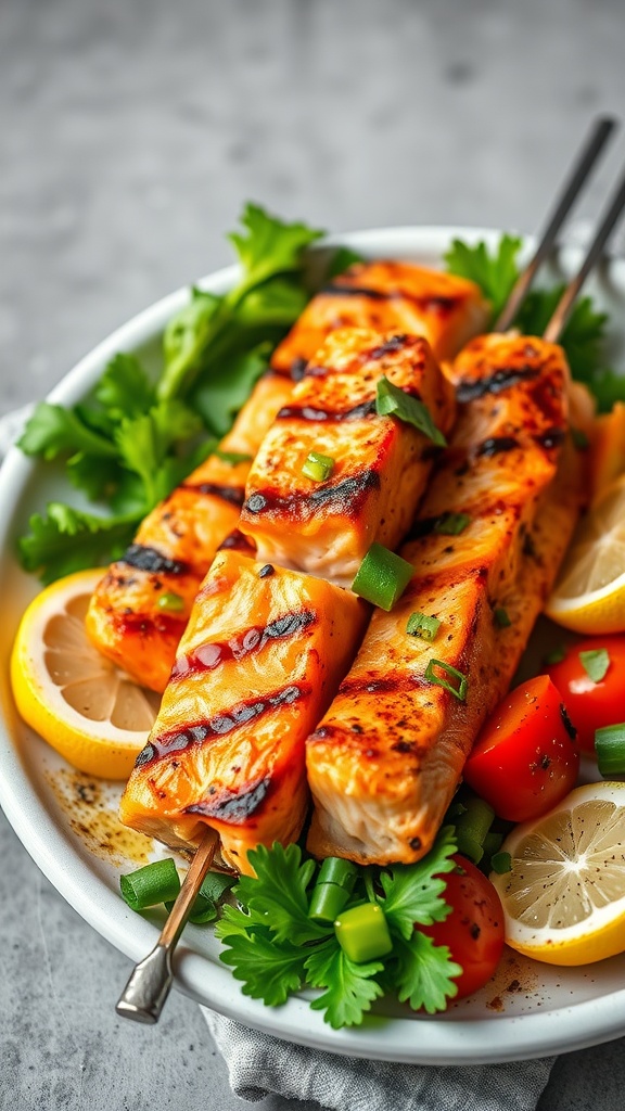 Lemon soy sauce marinated salmon skewers with fresh vegetables