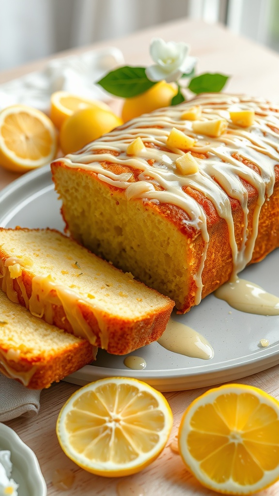Deliciously moist lemon zest pound cake with a sweet glaze, garnished with lemon slices.