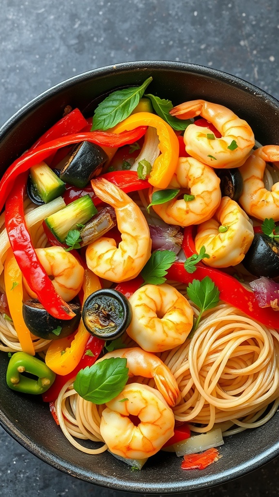 A bowl of lemongrass shrimp rice noodle stir-fry with colorful vegetables.