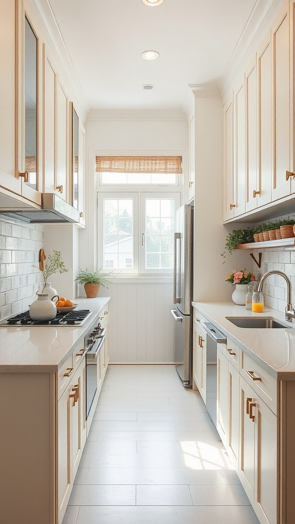A small galley kitchen featuring light-colored cabinets, a window, and decorative plants.
