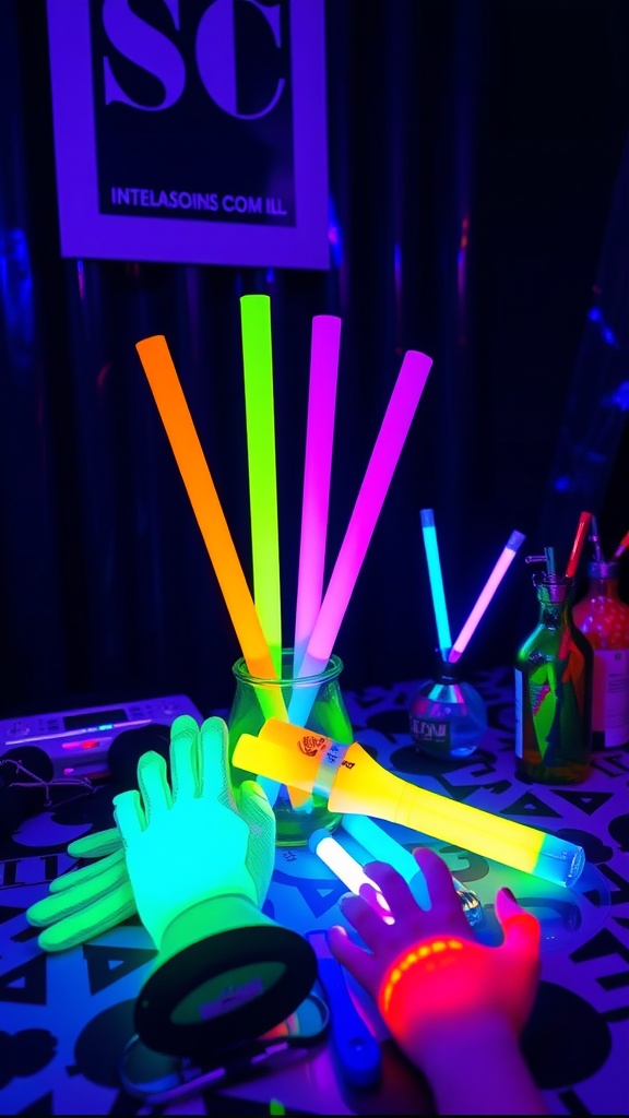 A collection of light-up accessories including glowing sticks and gloves on a table.