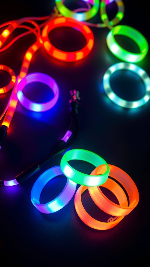 An assortment of colorful light-up rings and bands in blue, green, red, and orange.