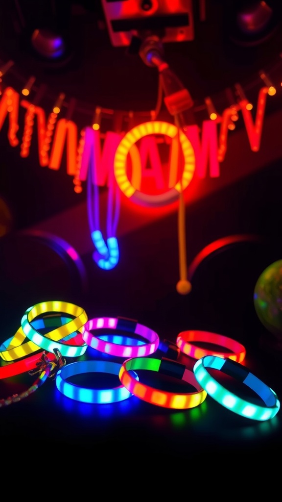 A variety of colorful light-up bracelets and accessories in bright neon colors.