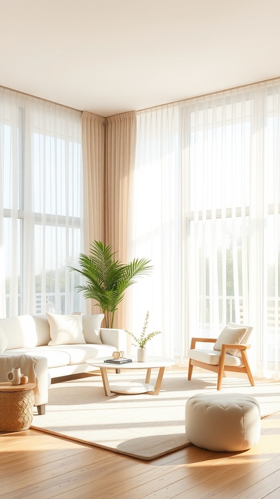 A bright living room with large windows, sheer curtains, comfortable seating, and a potted plant.