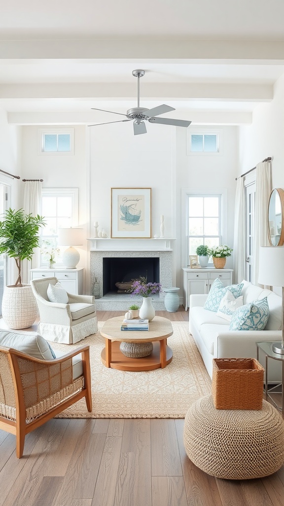 Light and airy coastal living room with white and blue color palette, natural materials, and bright lighting.