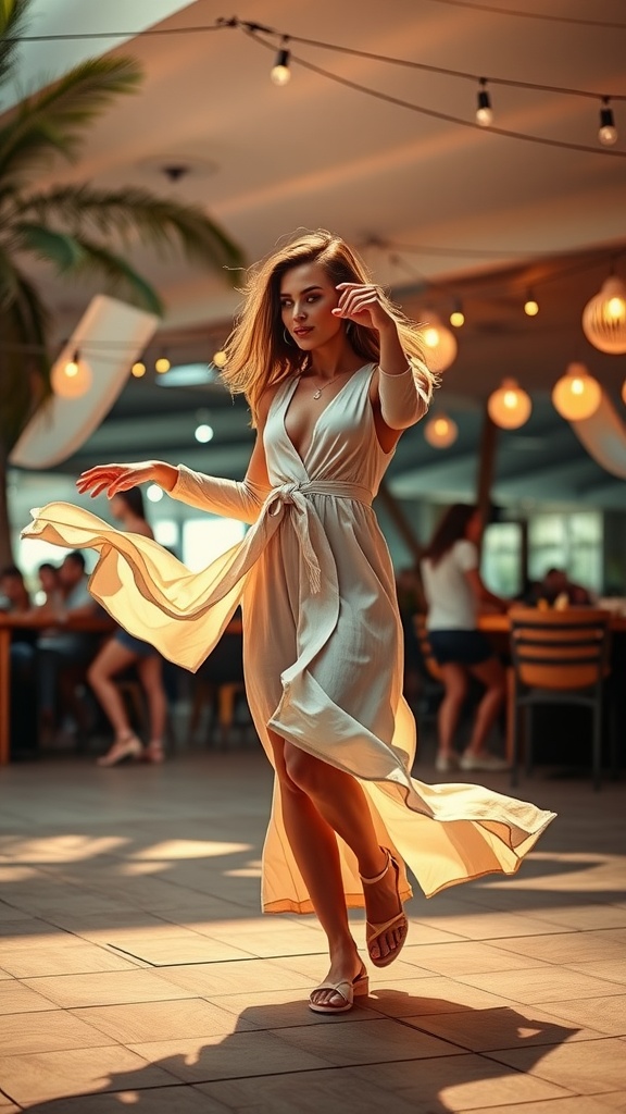 A woman in a light, flowing dress, dancing at a summer club with warm lighting.