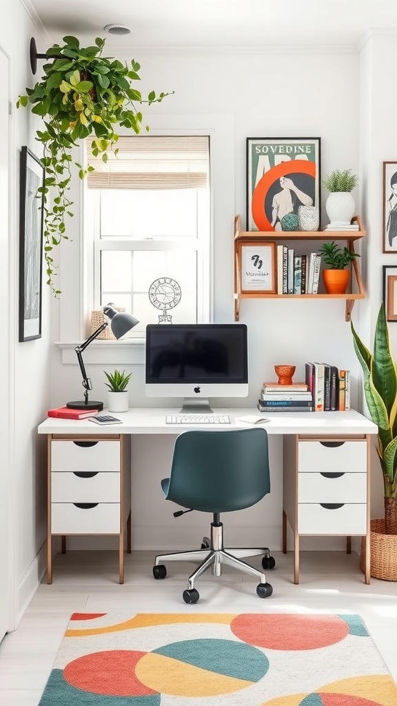 A minimalistic home office with a white desk, computer, and colorful rug, featuring plants and artwork.