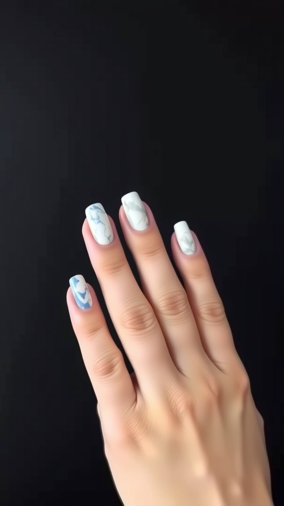 Light blue and white marble nail design on fingers