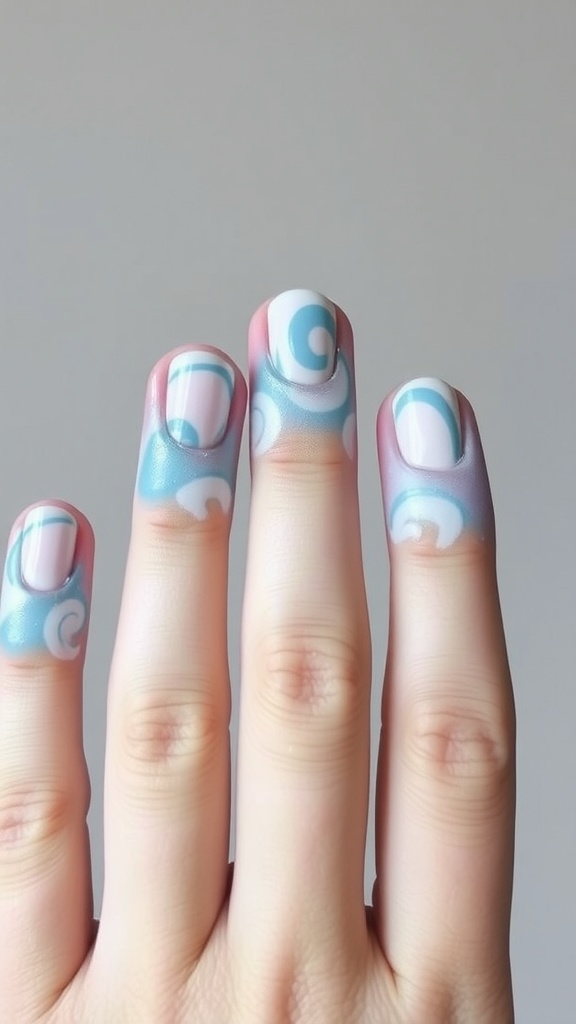 A hand with five fingers, showcasing light blue nails with white swirls in a playful pattern.