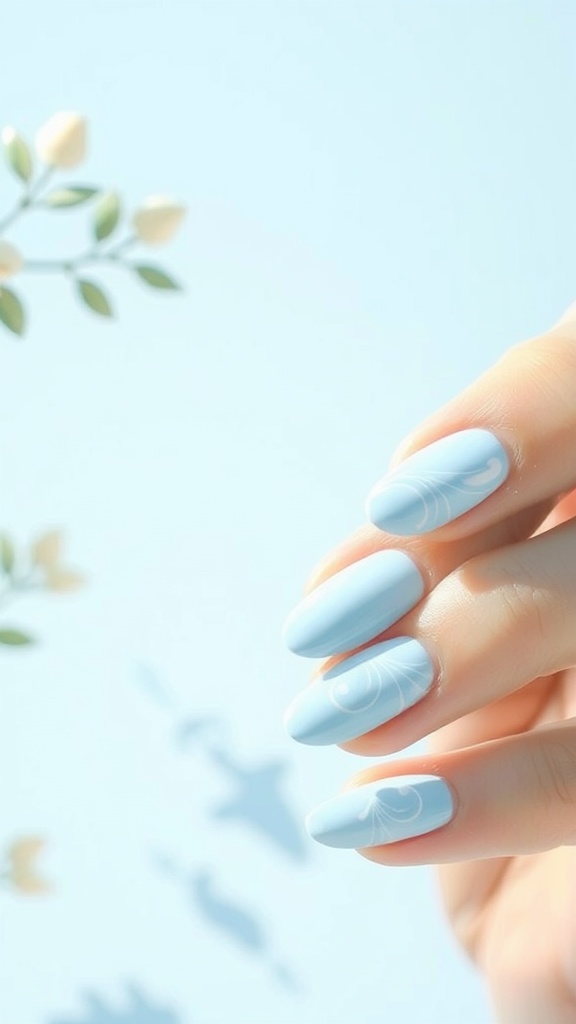 Close-up of light blue nails with white swirls, against a soft blue background.