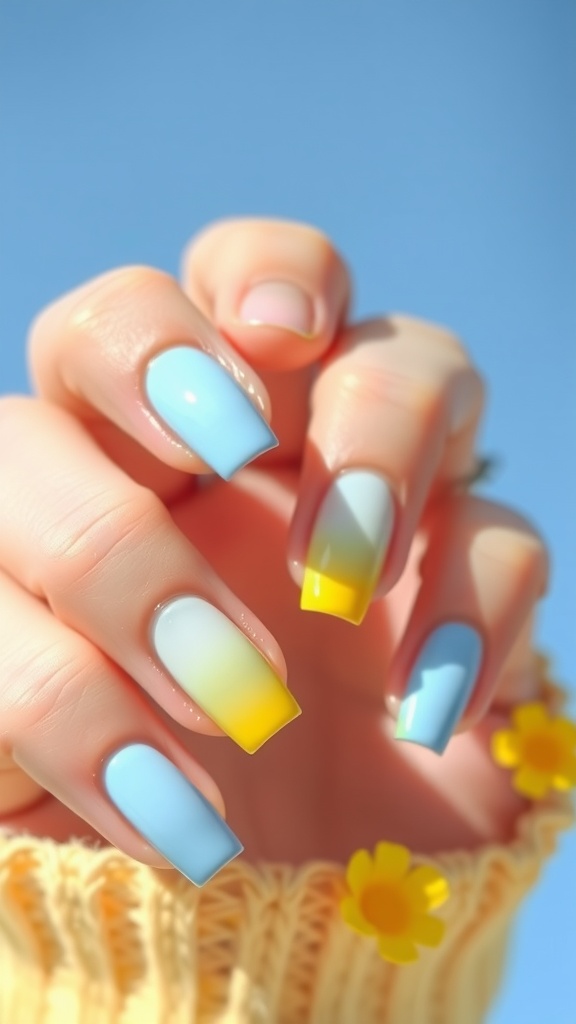 A hand with light blue and yellow ombre nails, showcasing a sunny and cheerful design.