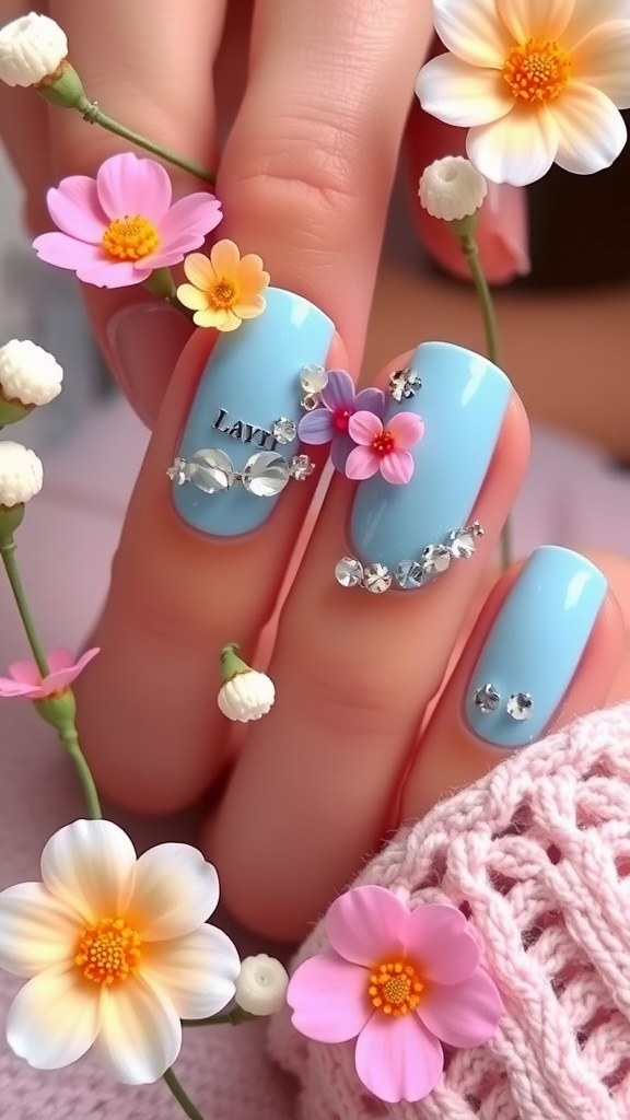 A close-up of light blue chrome nails decorated with flowers and rhinestones.