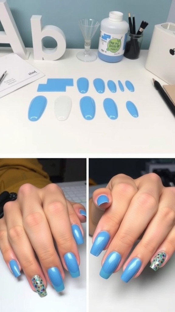 Nail art setup with light blue chrome nails and colorful design