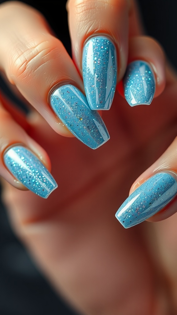 Close-up of light blue chrome nails with glitter