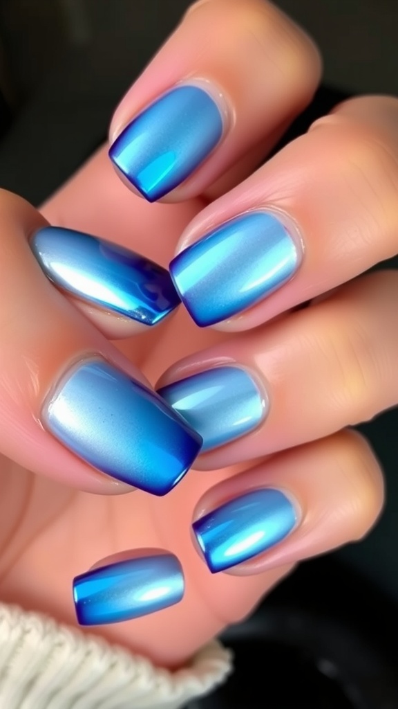 Light blue chrome nails with an ombre effect transitioning to a deeper blue.