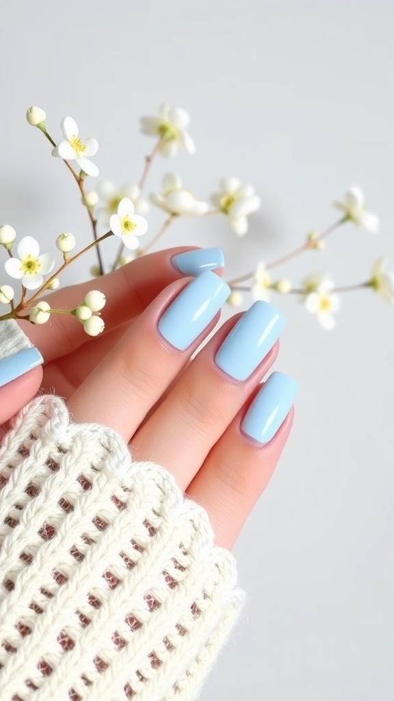 Light blue French tips on manicured nails with white flowers in the background