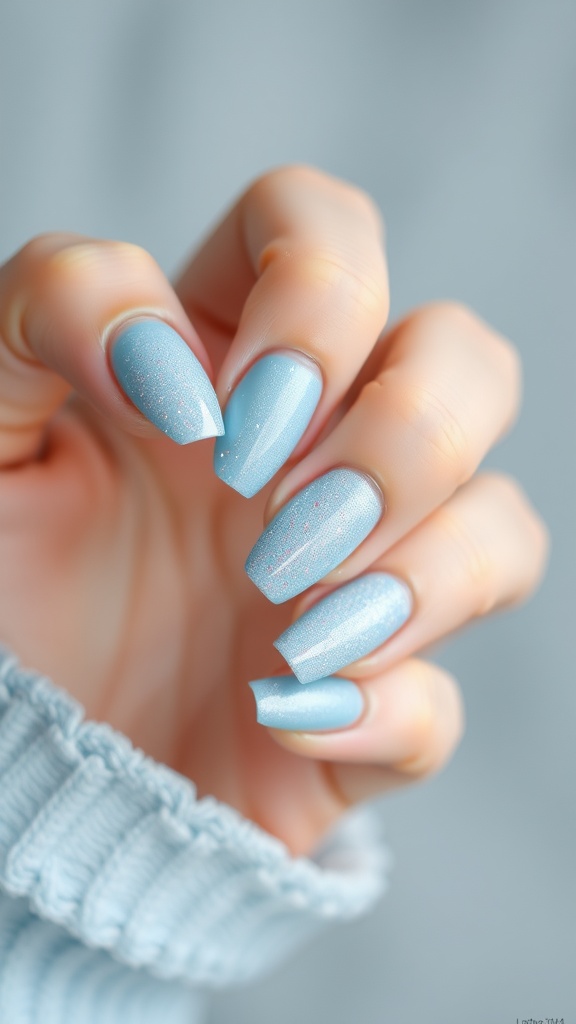Light blue nails with a glitter gradient effect