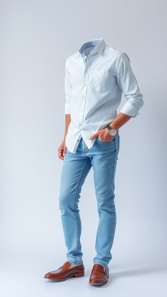 A stylish outfit featuring light blue jeans and a button-up shirt.