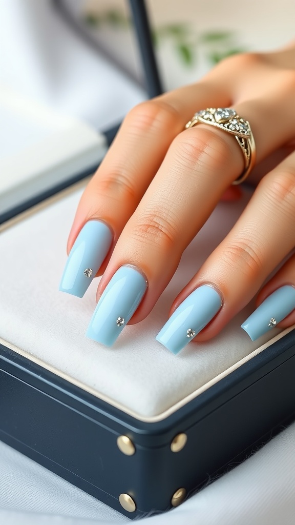 A hand with light blue square nails adorned with rhinestones, resting on a velvet ring box.