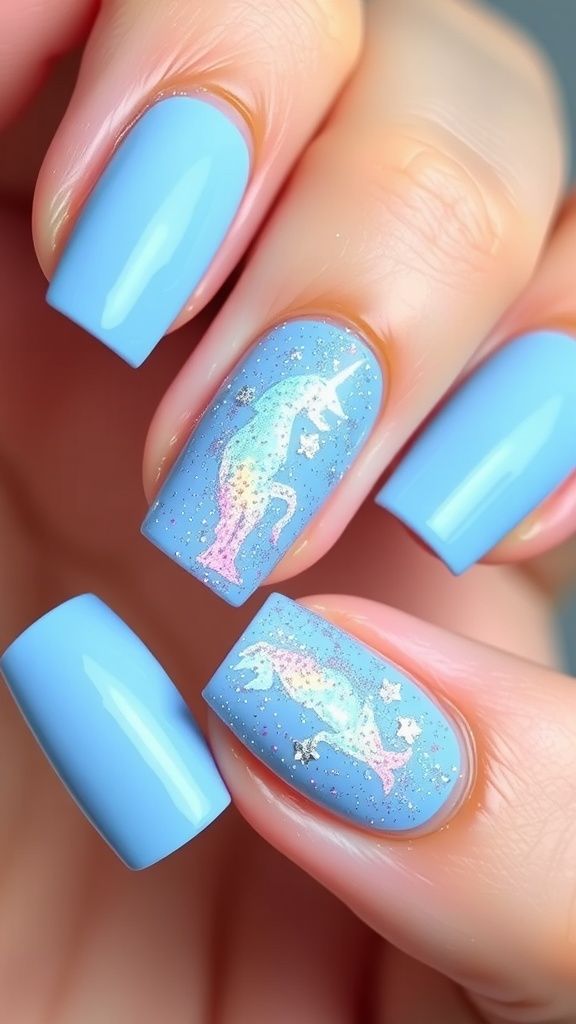 Light blue nails with unicorn designs and glitter