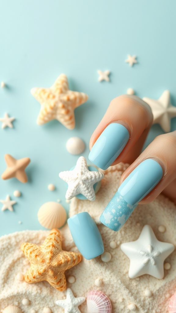 Light blue prom nails with beach-themed decor including starfish and seashells.