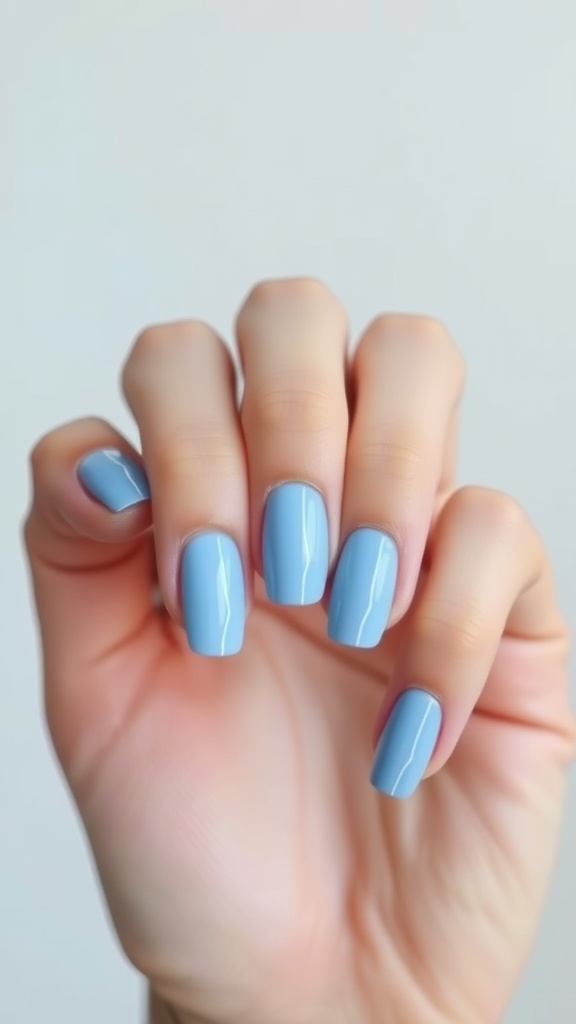 Five fingers with light blue nails featuring minimalist lines.