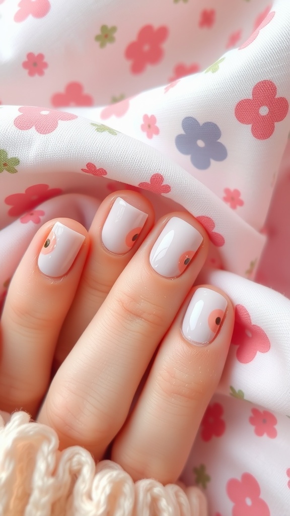 Nails painted in light brown pastel swirls with floral fabric in the background.