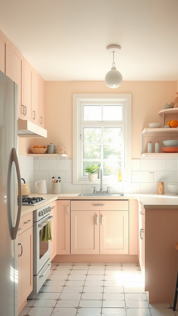 A small kitchen with light peach cabinets, white countertops, and ample natural light.