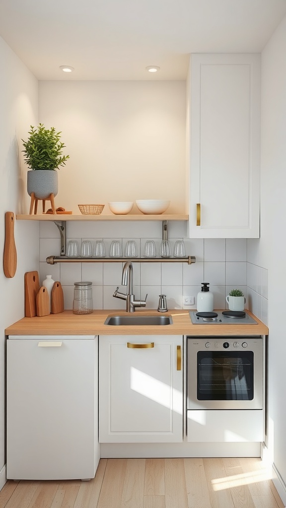 A compact kitchen featuring white cabinets, a light wood countertop, and minimal decor, creating an inviting and spacious atmosphere.