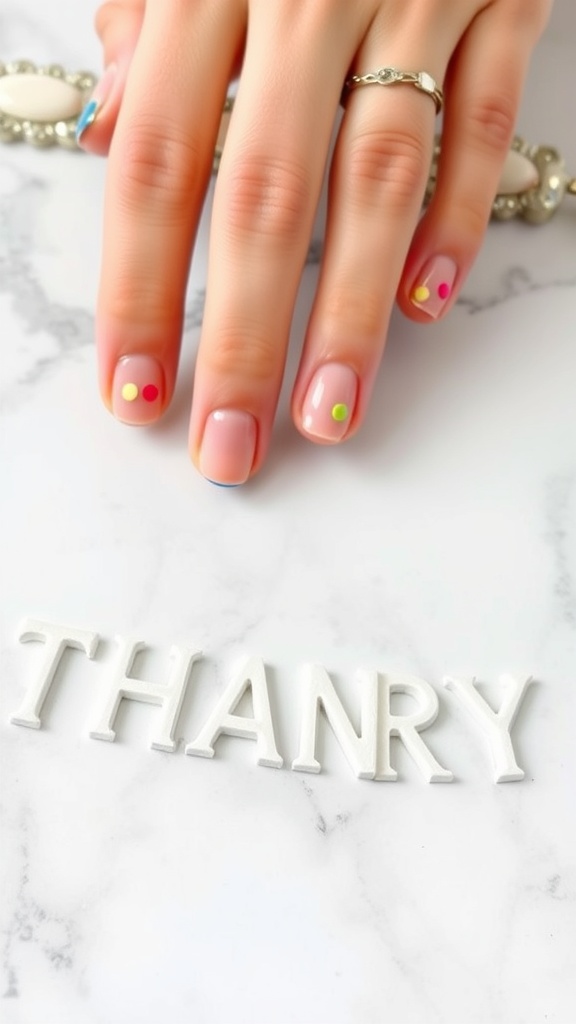 Light pink almond nails with colorful dots on tips