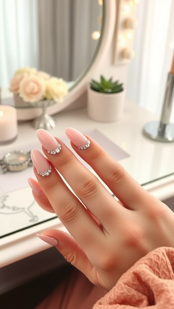 A hand with light pink almond nails adorned with rhinestones, showcasing an elegant and chic style.