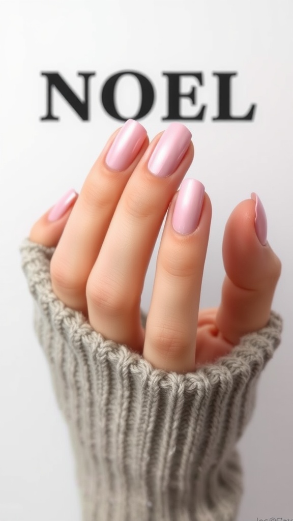 Close-up of hands with light pink chrome French tips, wearing a grey knitted sweater.