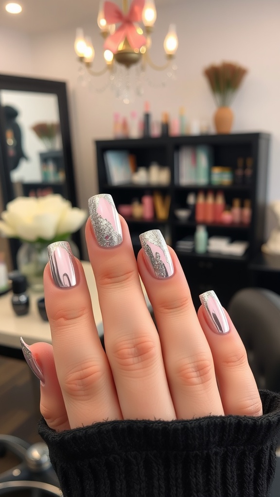 Close-up of light pink chrome nails with silver accents, showcasing a stylish manicure.
