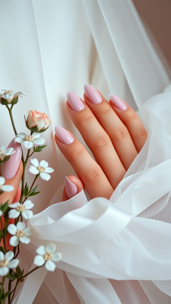 A hand with light pink chrome almond nails resting on white fabric with small flowers.
