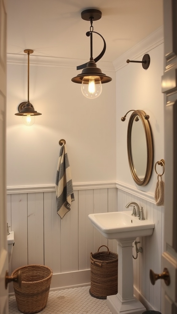 A coastal-inspired bathroom with warm lighting, featuring pendant and wall lights, a white sink, and natural woven baskets.