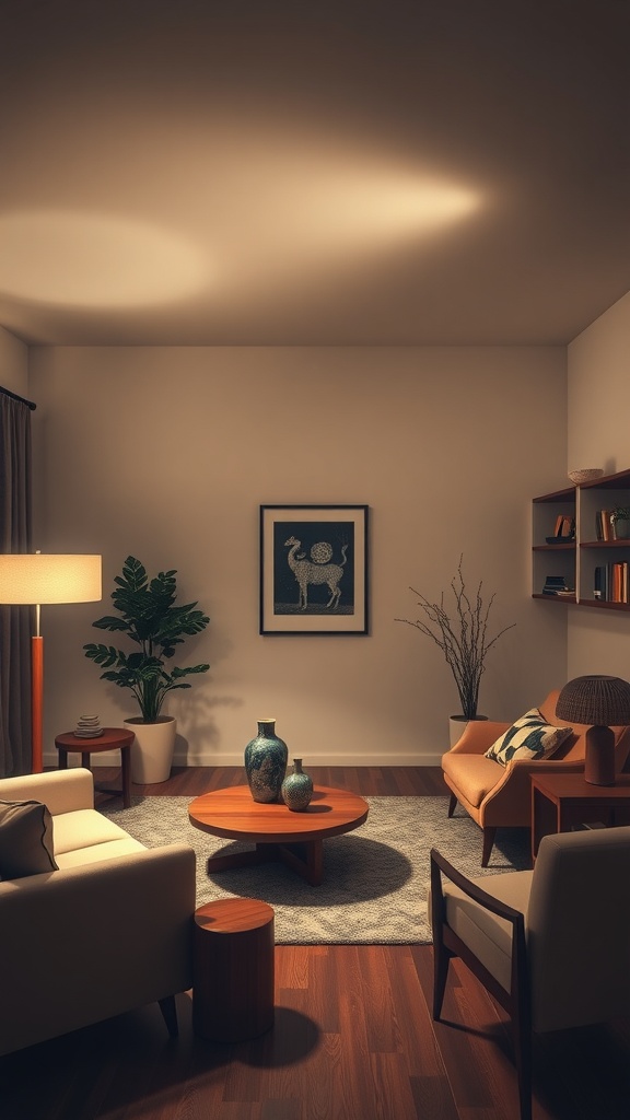 Cozy mid-century modern living room with warm lighting and wooden furniture.