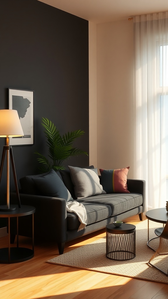 Cozy living room with a black couch, a floor lamp, and a plant