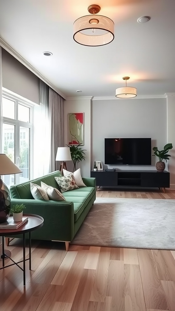 A bright living room featuring a green couch, warm lighting, and natural sunlight.