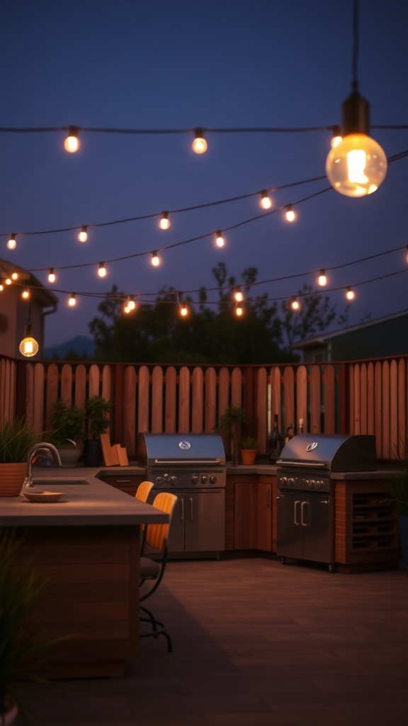 An outdoor kitchen at night with warm string lights and modern grills.