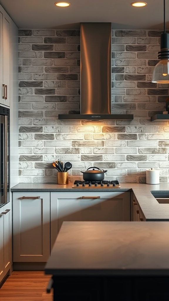 A modern farmhouse kitchen with a brick backsplash, featuring warm lighting that highlights the texture of the bricks.