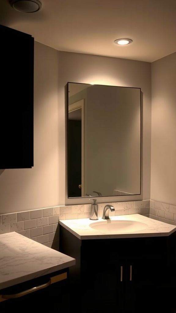 A black bathroom cabinet illuminated by soft ceiling lights, showcasing a modern design with a mirror and marble countertop.