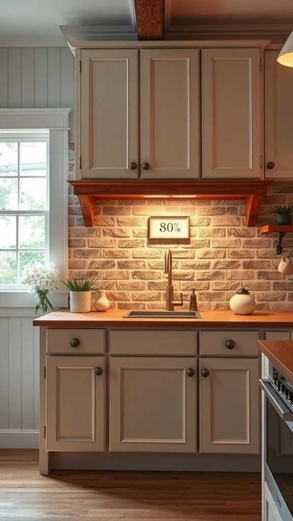 A cozy farmhouse kitchen with a brick backsplash, featuring warm under-cabinet lighting and a window for natural light.