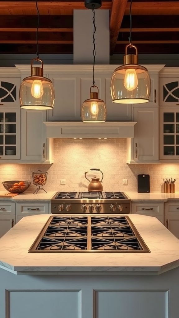 Kitchen island with stove and pendant lighting