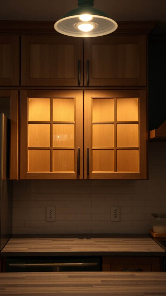 A farmhouse kitchen with wooden cabinets illuminated by warm overhead lighting.