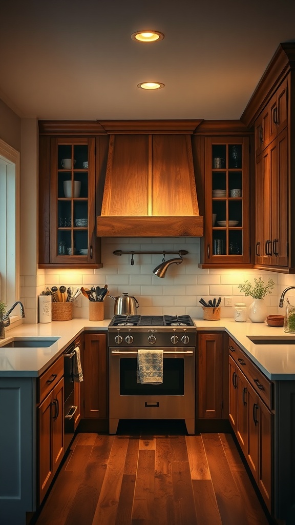 A cozy farmhouse kitchen with wooden cabinets, recessed lighting, and a modern stove.